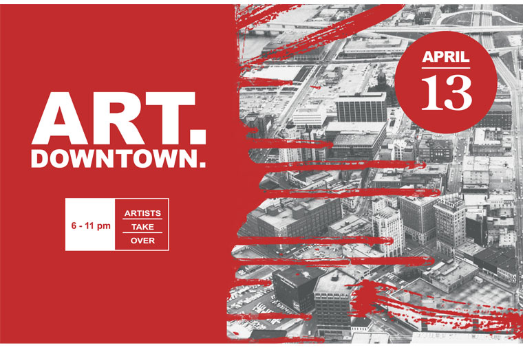 A field of red drips over a black-and-white aerial photo of downtown Grand Rapids