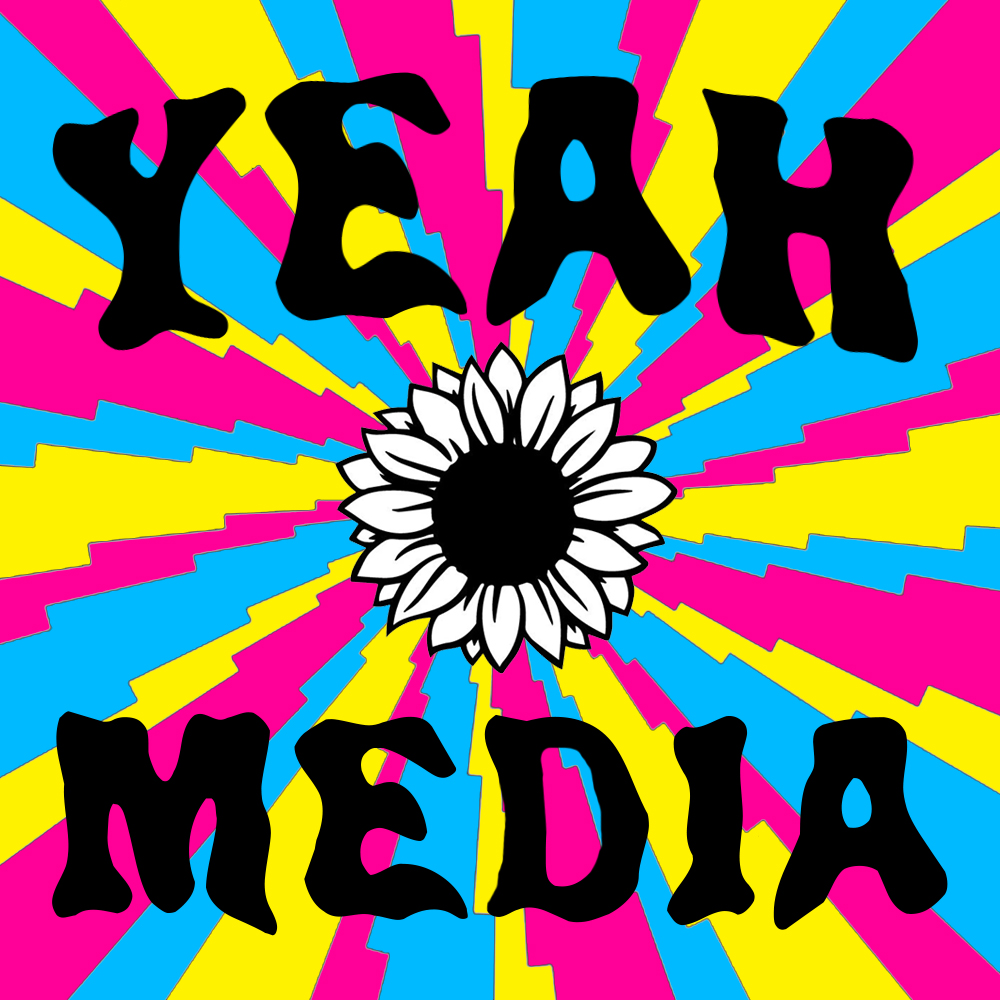 Bright logo with blue, pink and yellow background, a black and white sunflower in the center and text that says "Yeah Media"