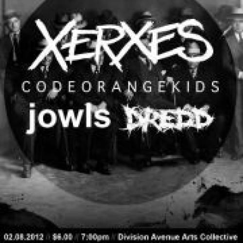 Black circle with band names in large white text