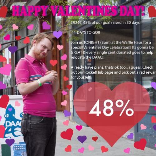 A person surrounded by floating hearts with Valentines Day fundraising stats